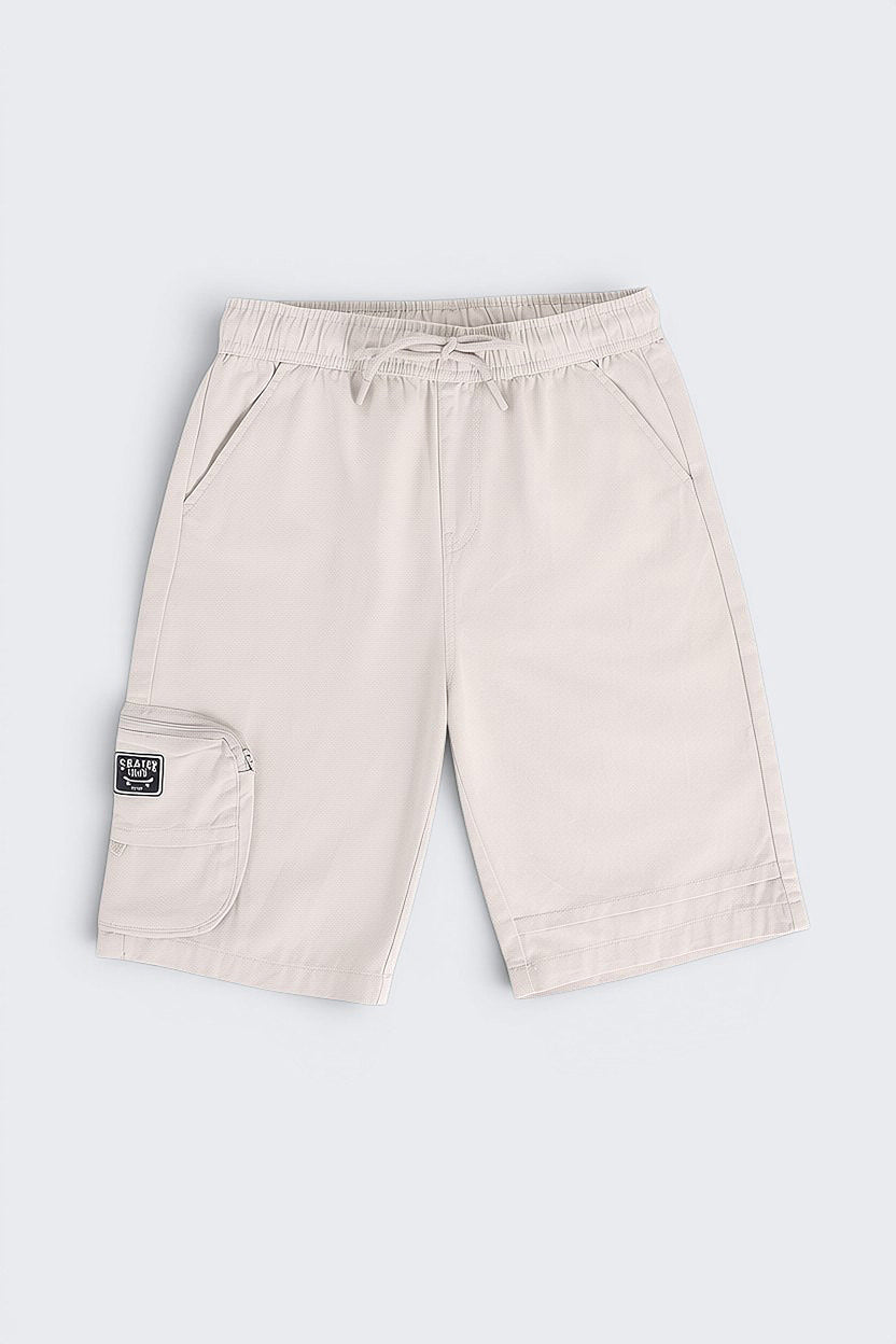 Off White Solid Cargo Shorts with Pockets - Image 2
