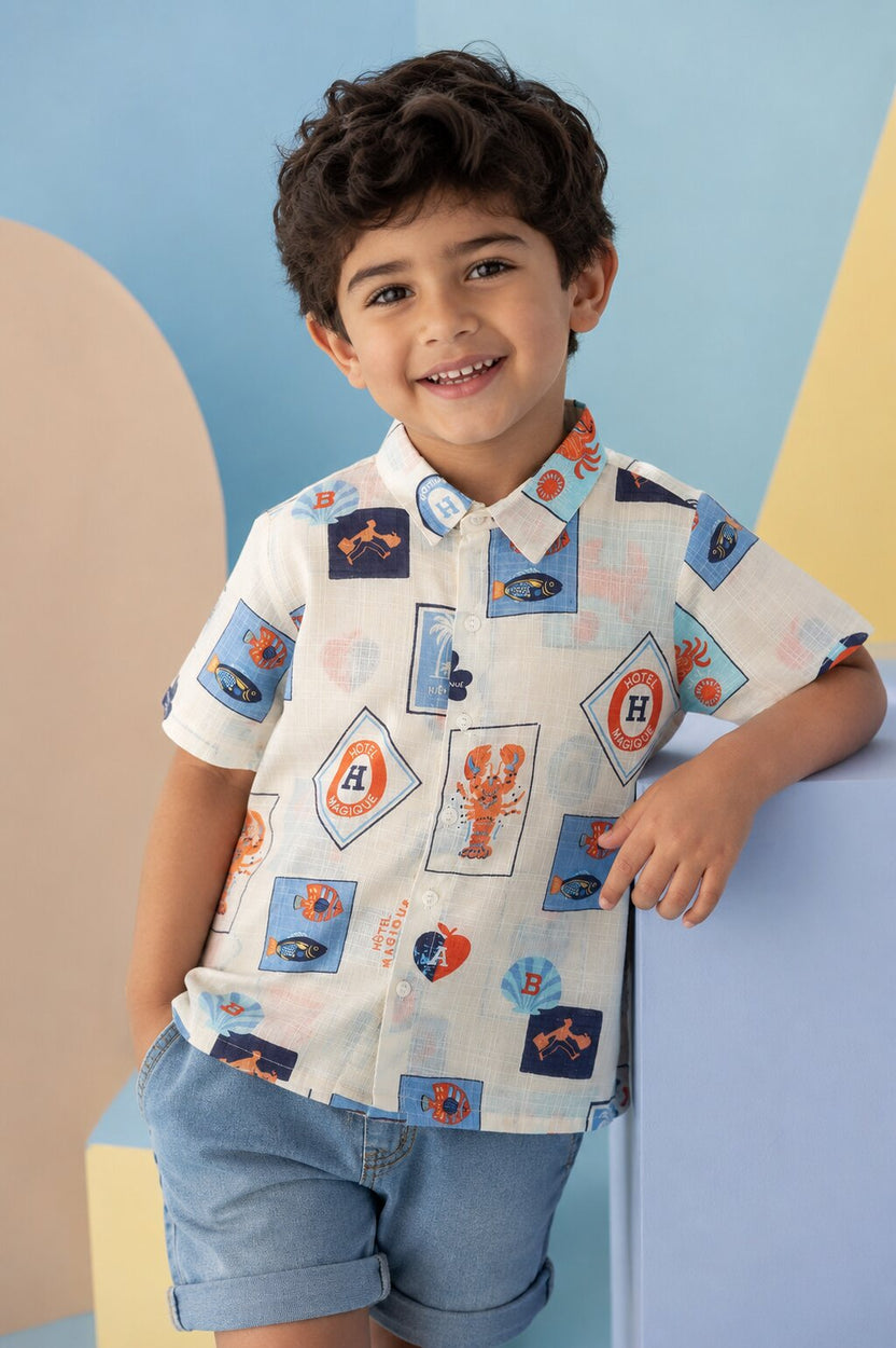 Beige Ocean Print Summer Shirt for Boys - Image 1
