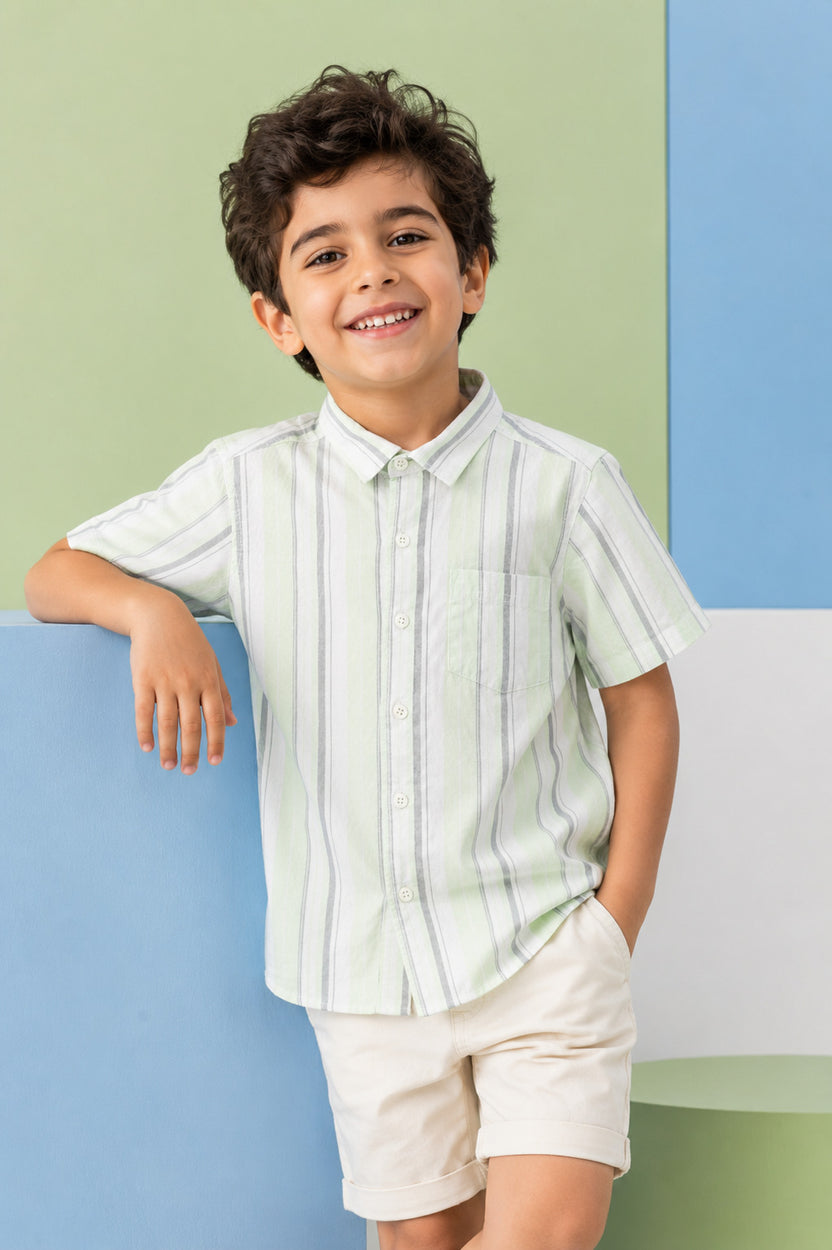 Light Green Striped Summer Shirt for Boys - Image 1