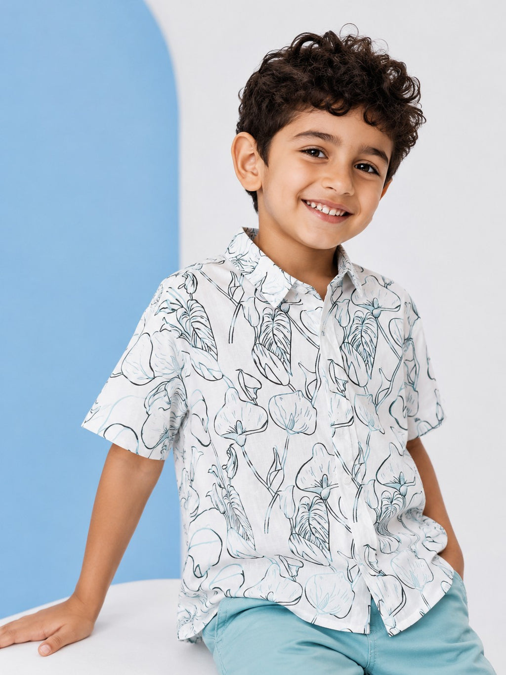 Light Blue Printed Cotton Shirt for Boys - Image 1