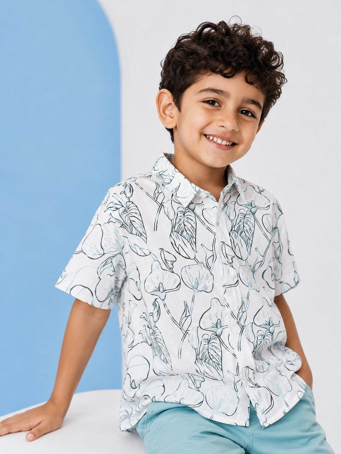 Light Blue Printed Cotton Shirt for Boys - Image 1