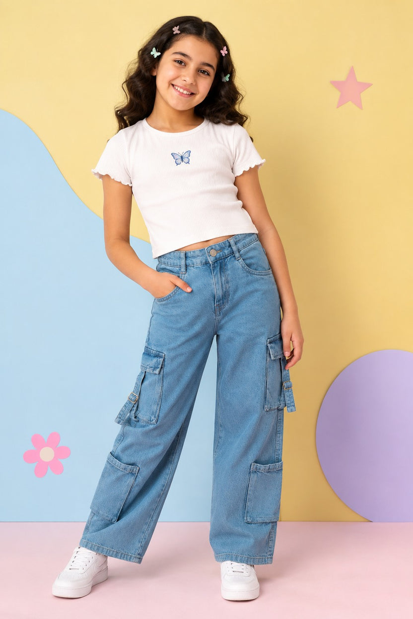 Blue Jogger Fit Jeans With 6 Pocket For Tweens Girls - Image 1