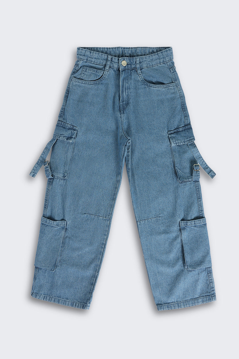 Blue Jogger Fit Jeans With 6 Pocket for Tweens Girls - Image 2