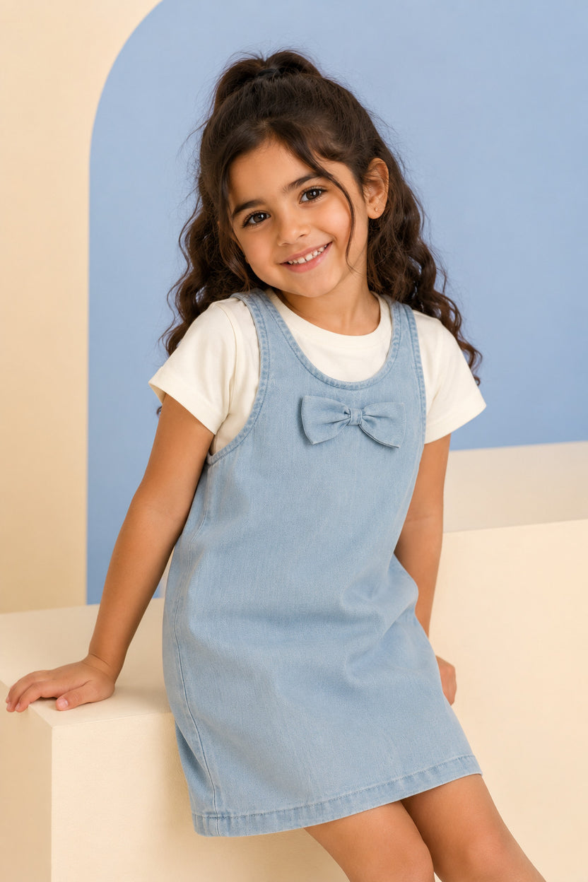 Light Blue Cotton Dungaree Set with T-Shirt for Girls - Image 1