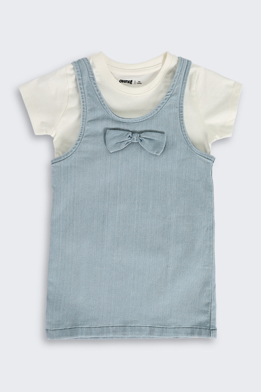 Light Blue Cotton Dungaree Set with T-Shirt for Girls - Image 2