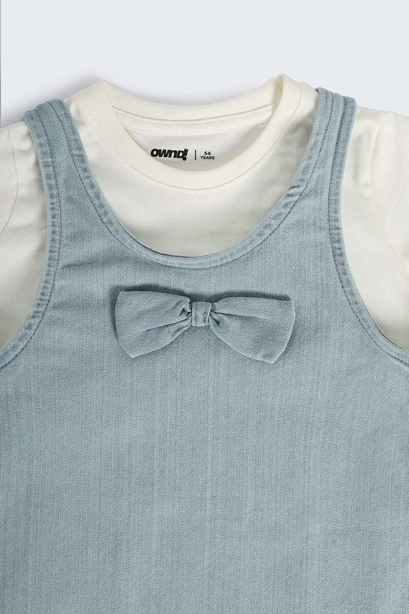 Light Blue Cotton Dungaree Set with T-Shirt for Girls - Image 6
