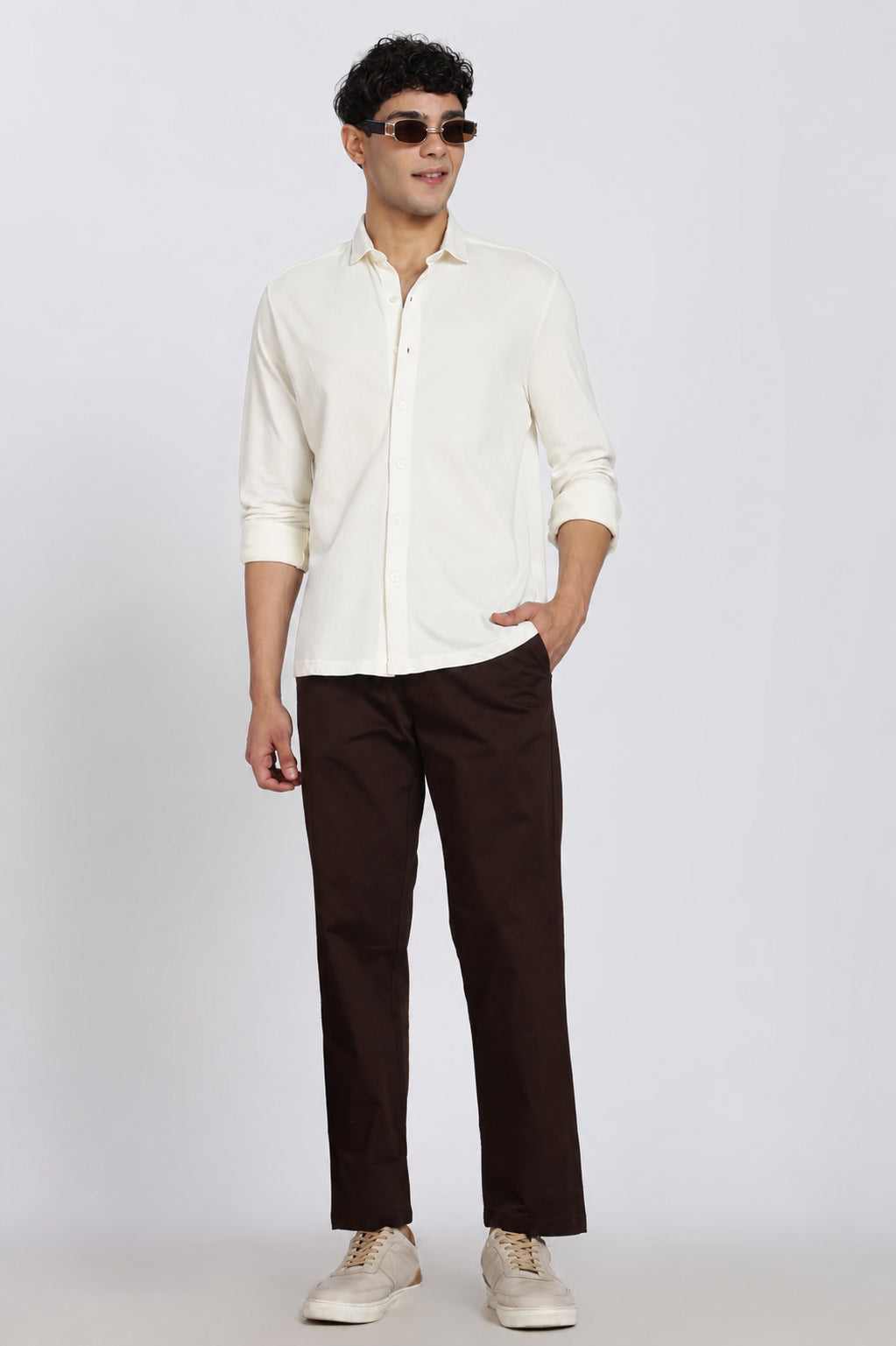 Off White Solid Regular Fit Casual Shirt for Men - Image 6