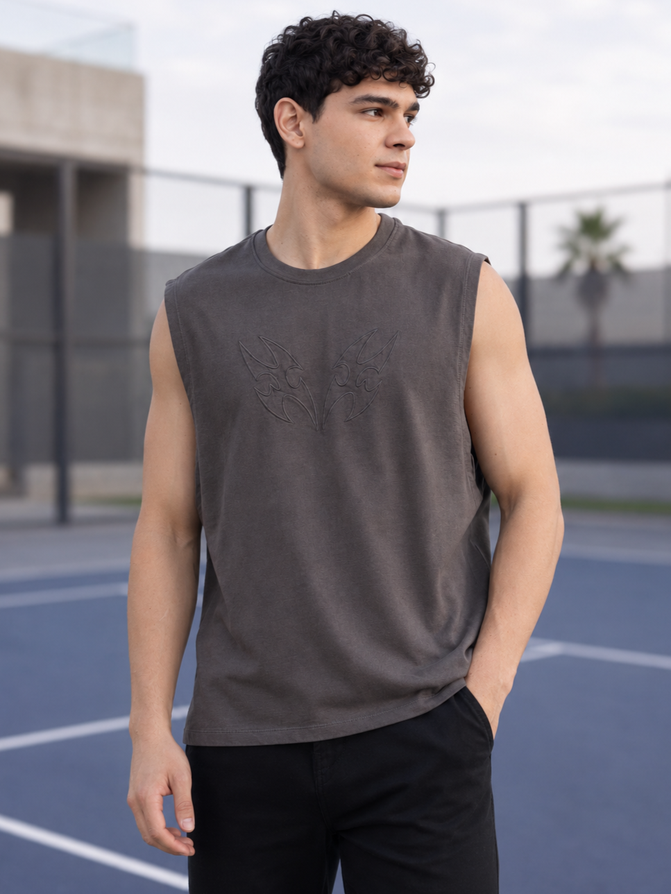 Charcoal Embossed Oversized Fit T-Shirt for Men - Image 1