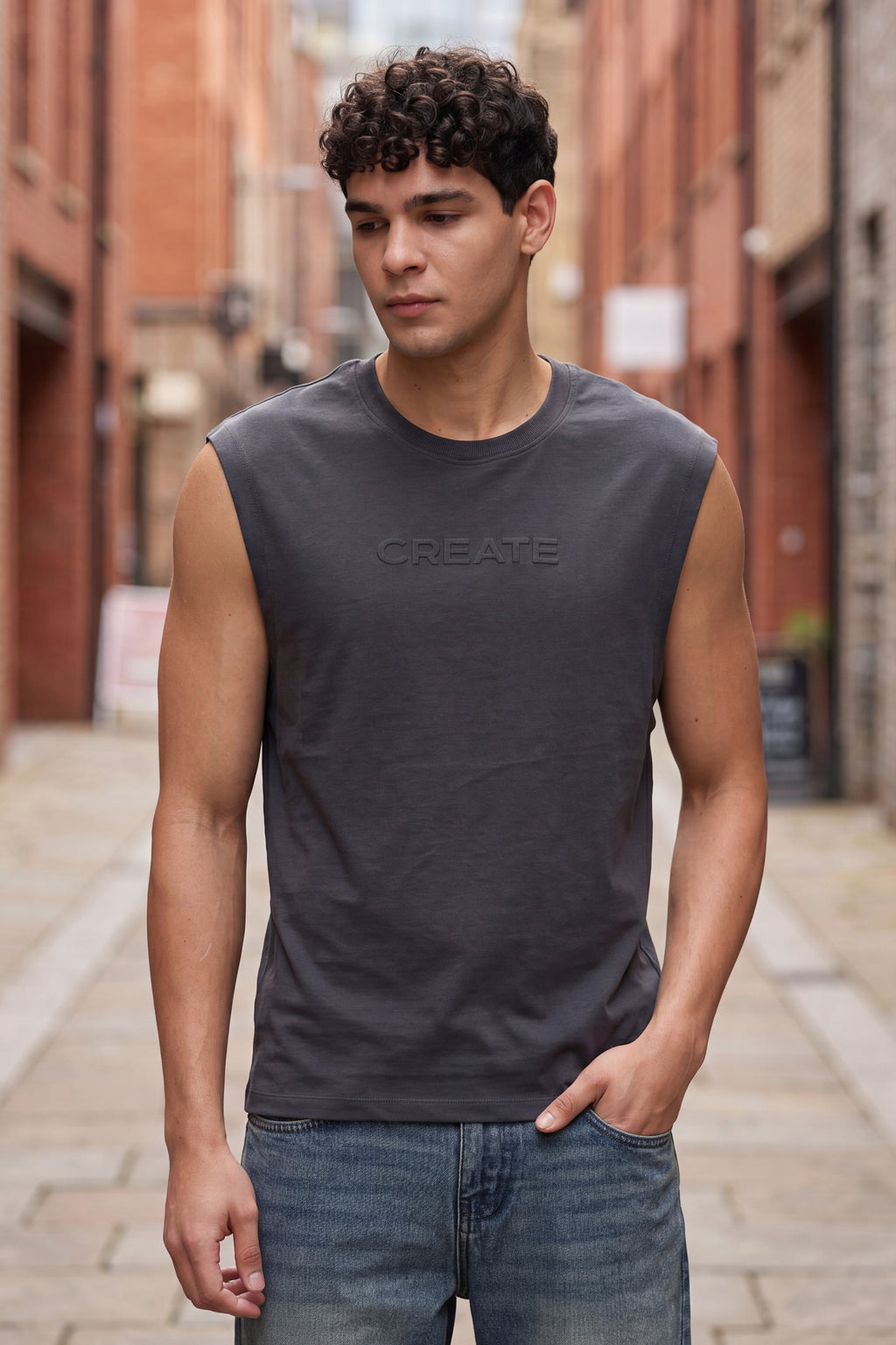 Grey Embossed Oversized Fit Sleeveless T-Shirt for Men - Image 1