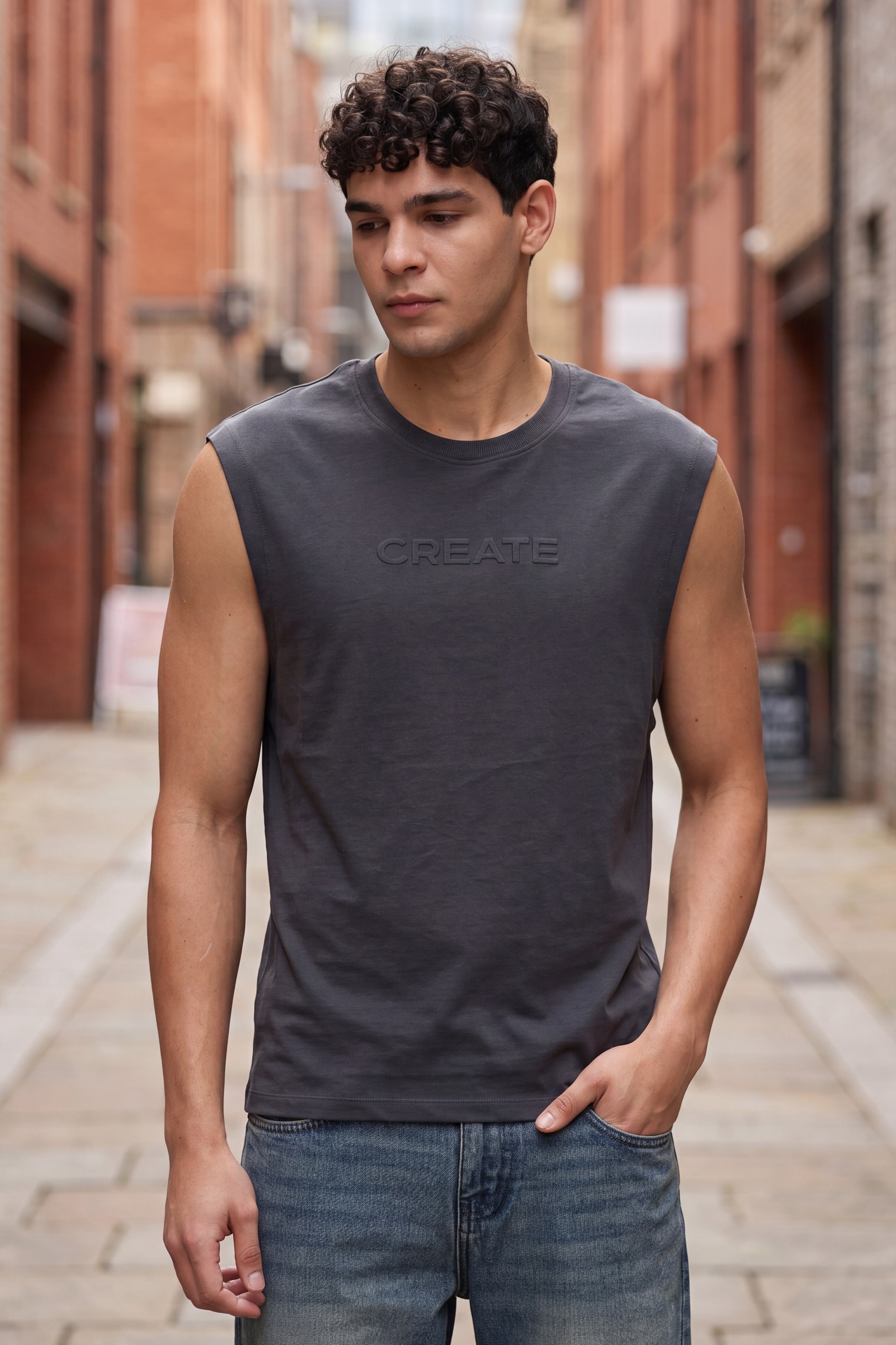 Grey Embossed Oversized Fit Sleeveless T-Shirt for Men - Image 1