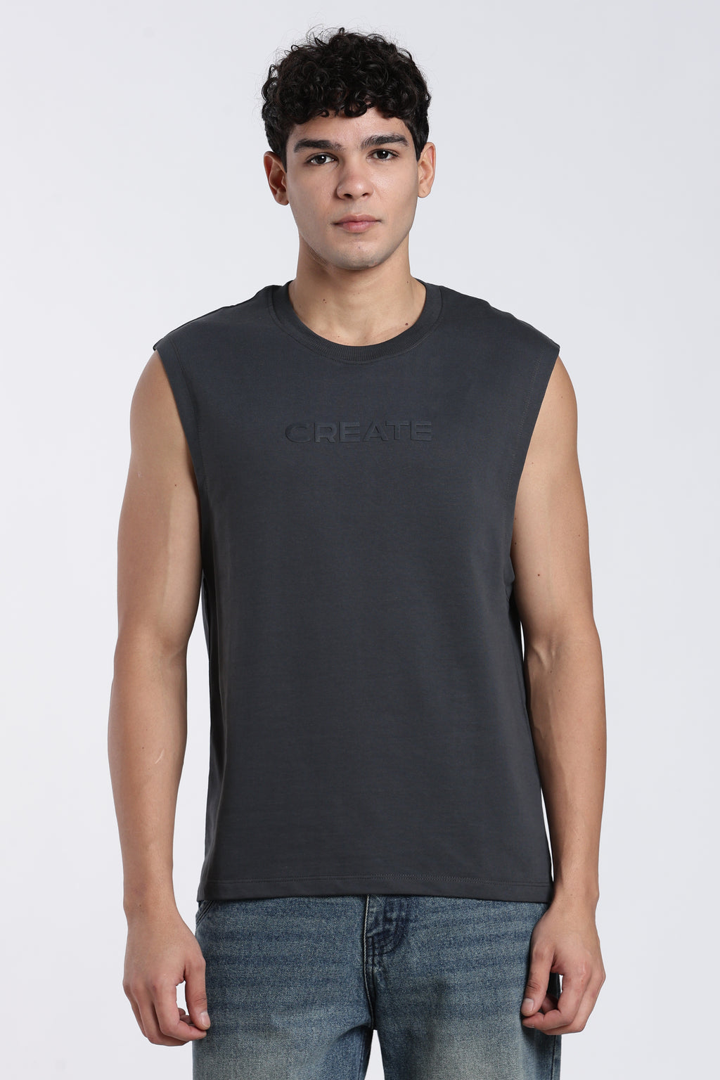 Grey Embossed Oversized Fit Sleeveless T-Shirt for Men - Image 2