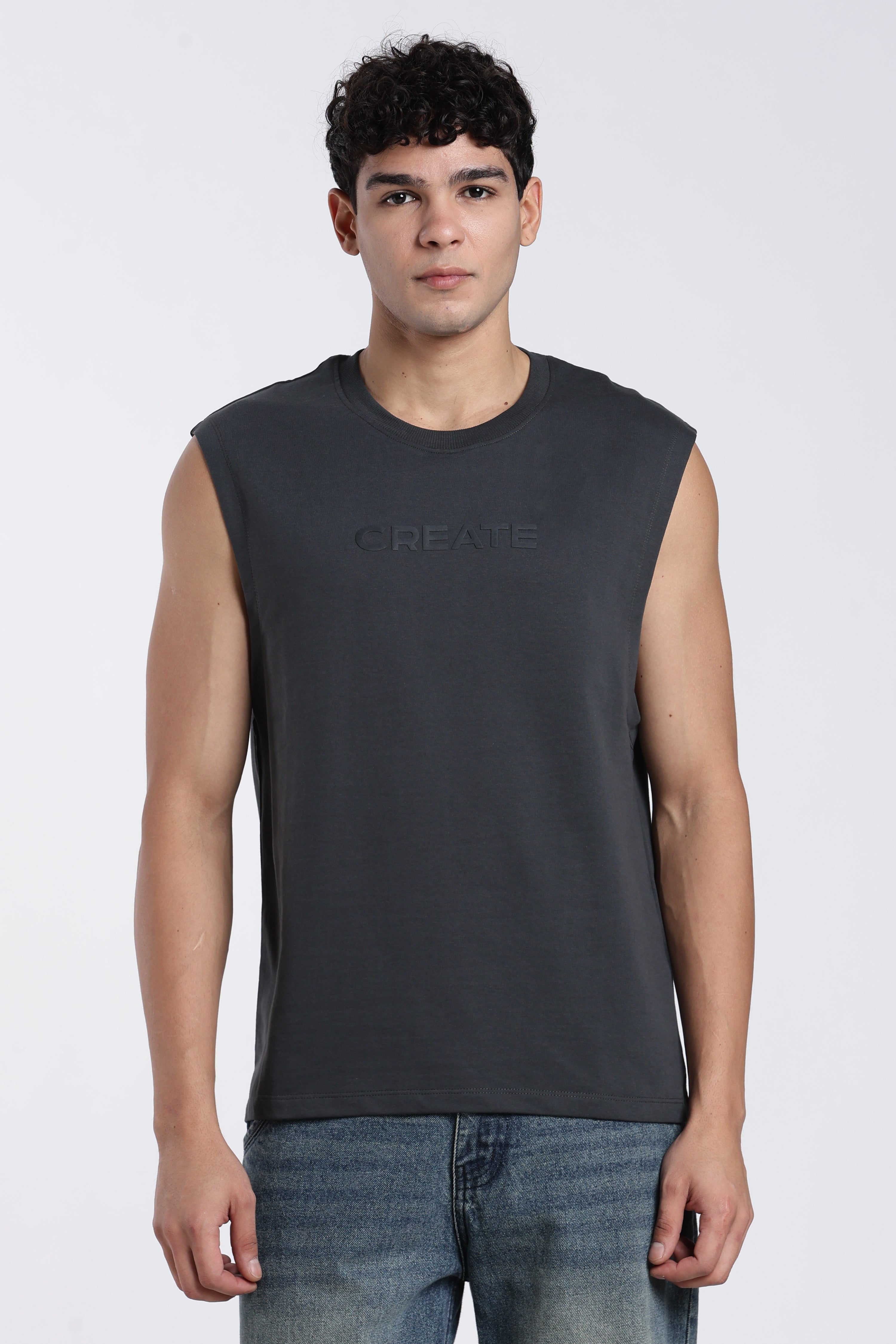Grey Embossed Oversized Fit Sleeveless T-Shirt for Men - Image 2