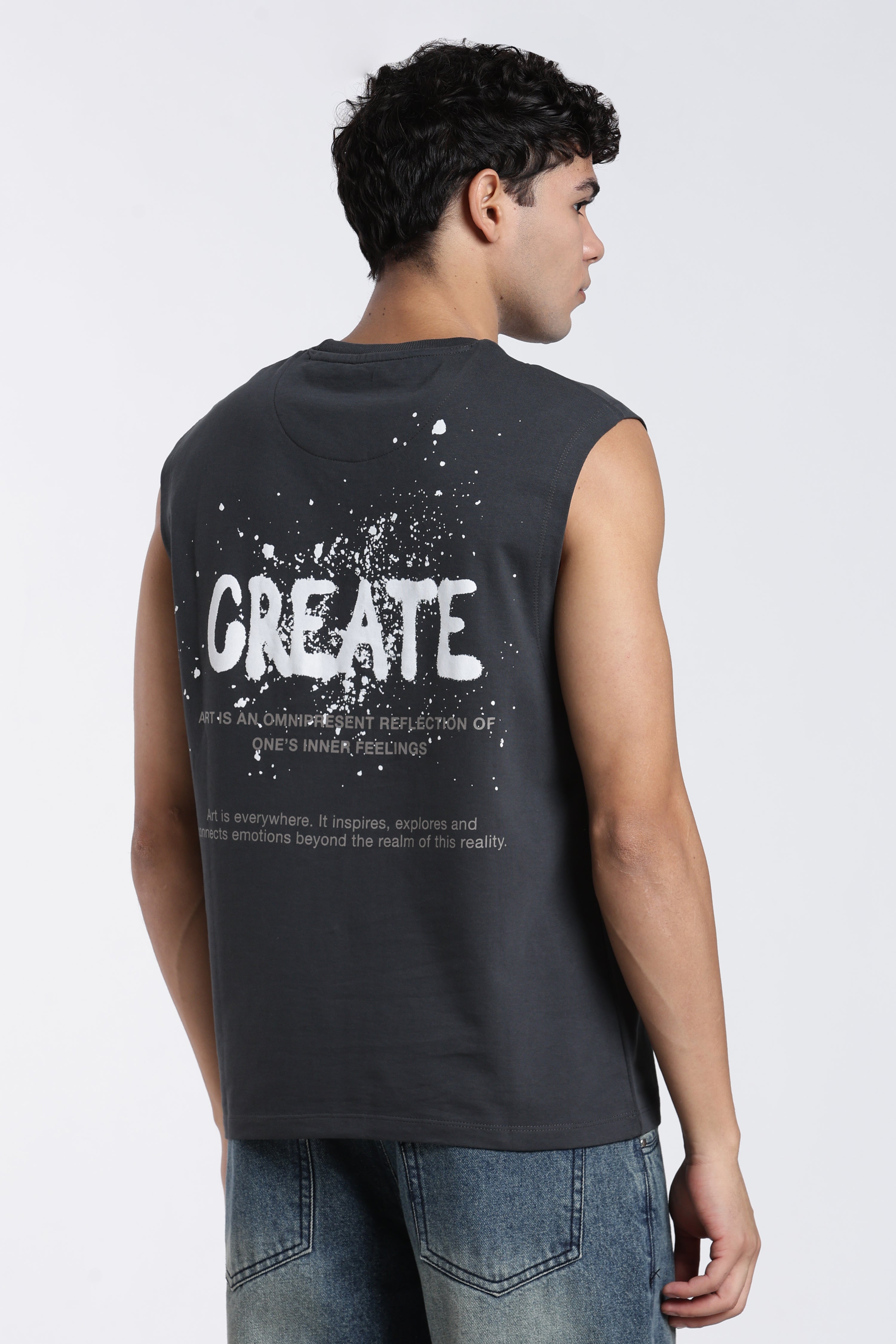 Grey Embossed Oversized Fit Sleeveless T-Shirt for Men - Image 5