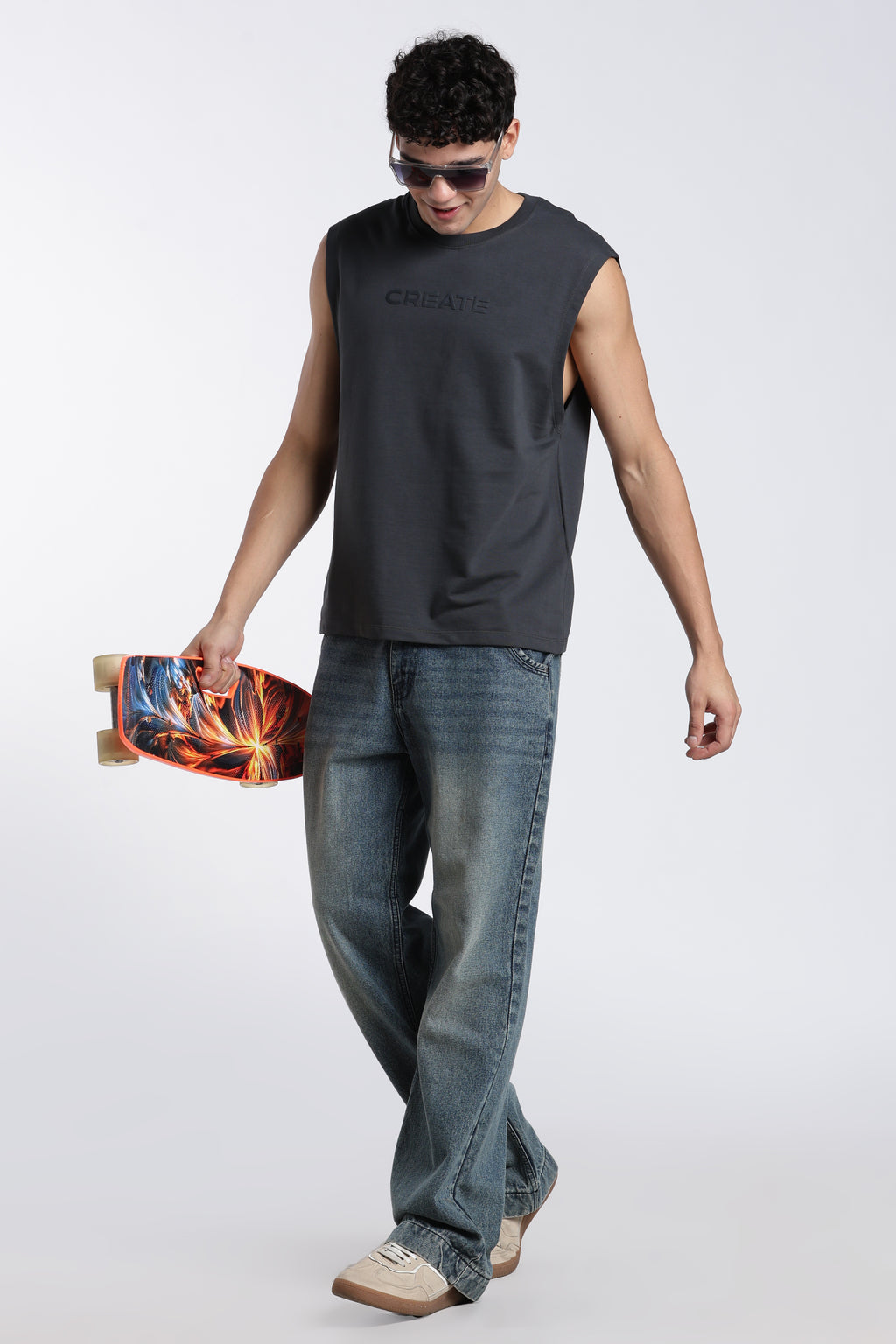 Grey Embossed Oversized Fit Sleeveless T-Shirt for Men - Image 6