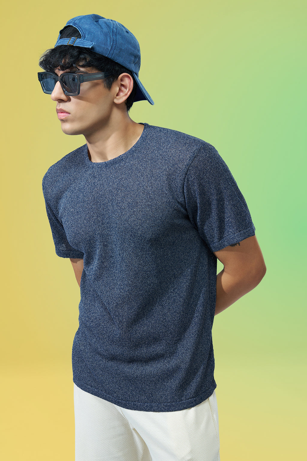 Navy Textured Regular Fit T-Shirt for Men - Image 1