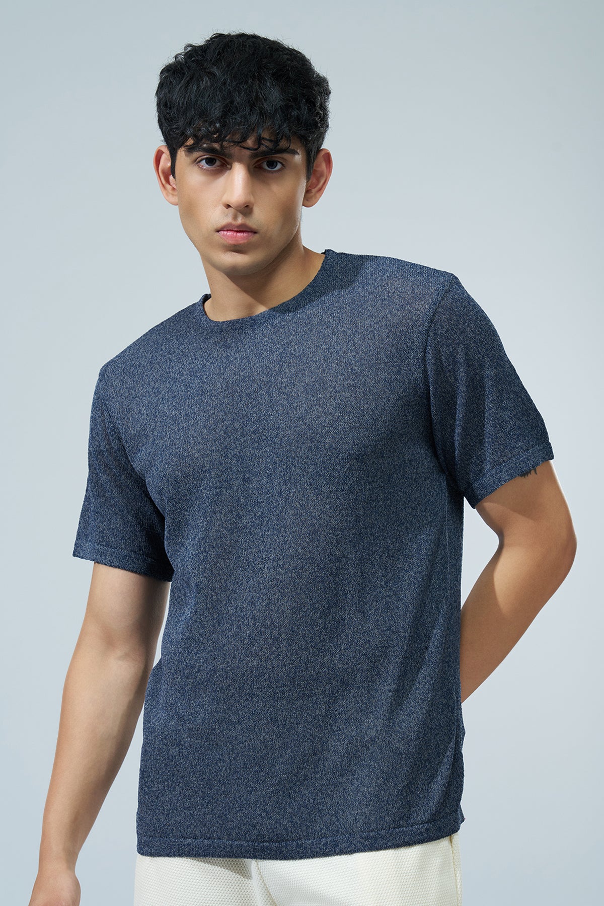 Navy Textured Regular Fit T-Shirt for Men - Image 2