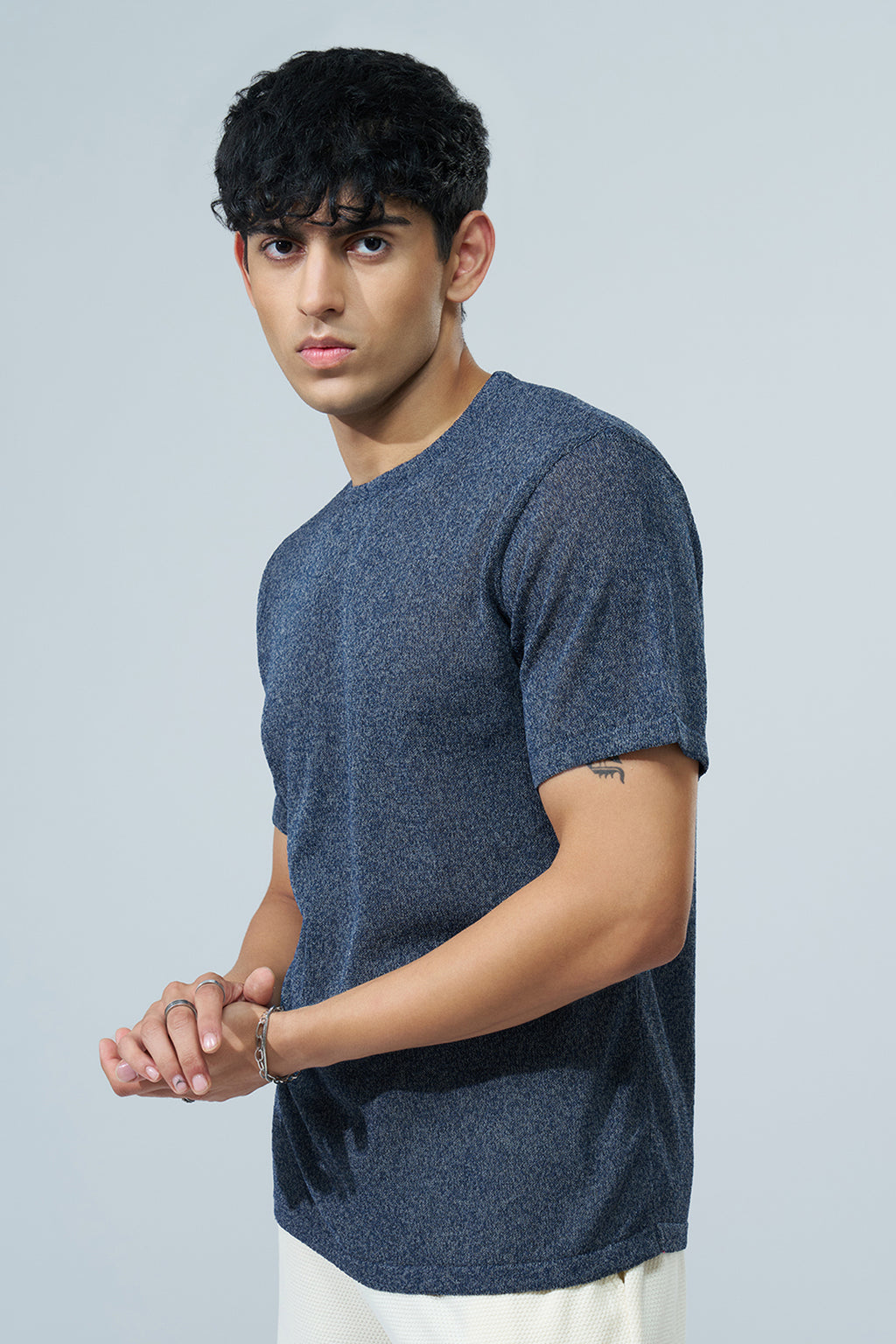 Navy Textured Regular Fit T-Shirt for Men - Image 4