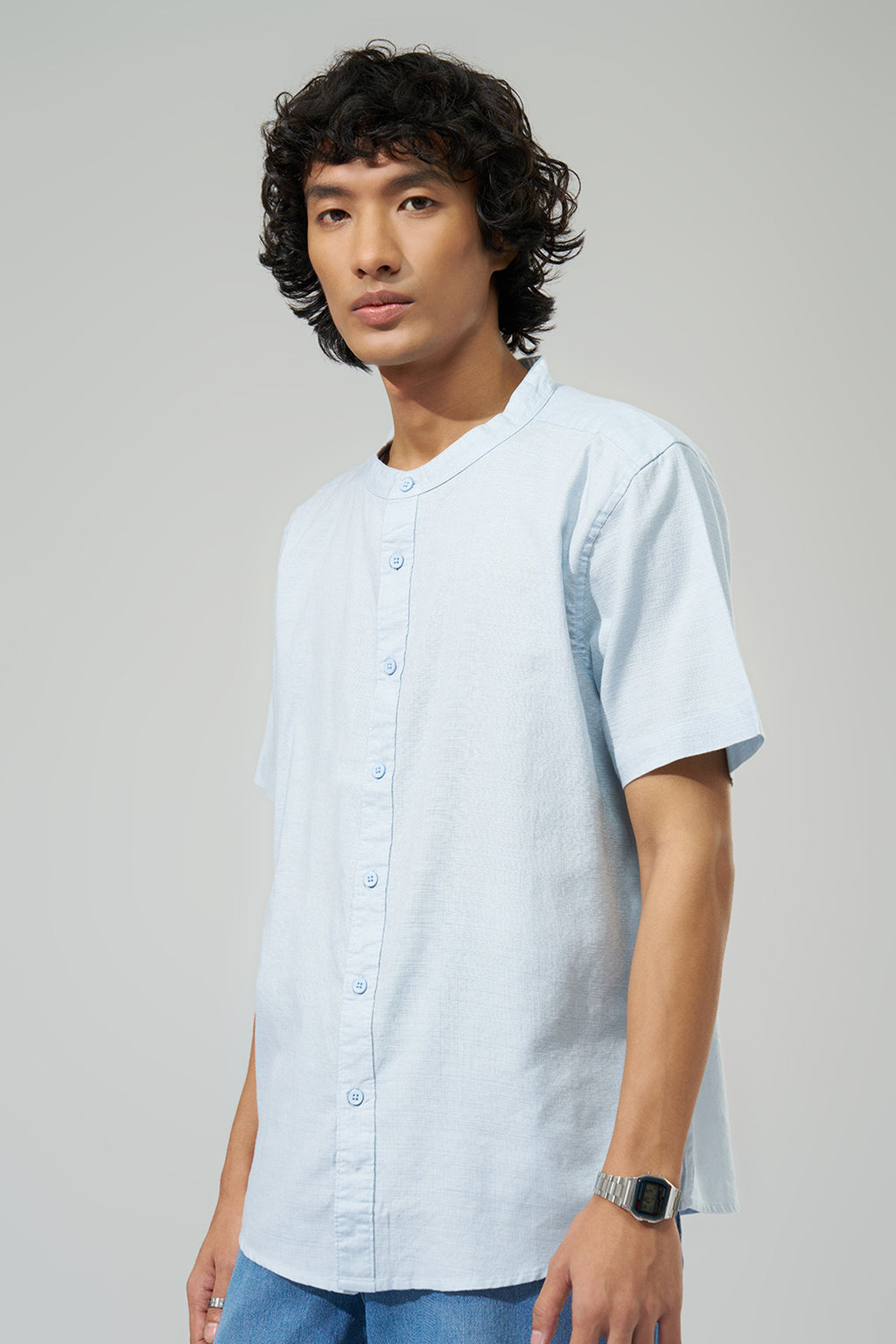Light Blue Solid Regular Fit Shirt for Men - Image 4