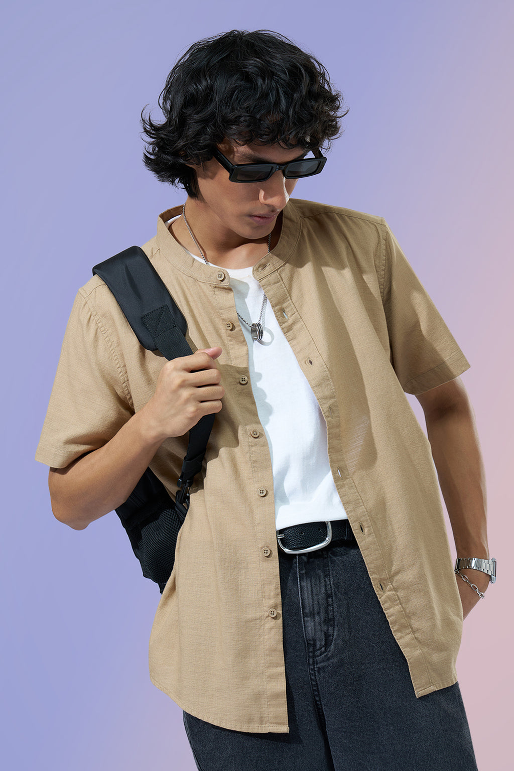 Beige Solid Regular Fit Shirt for Men - Image 1