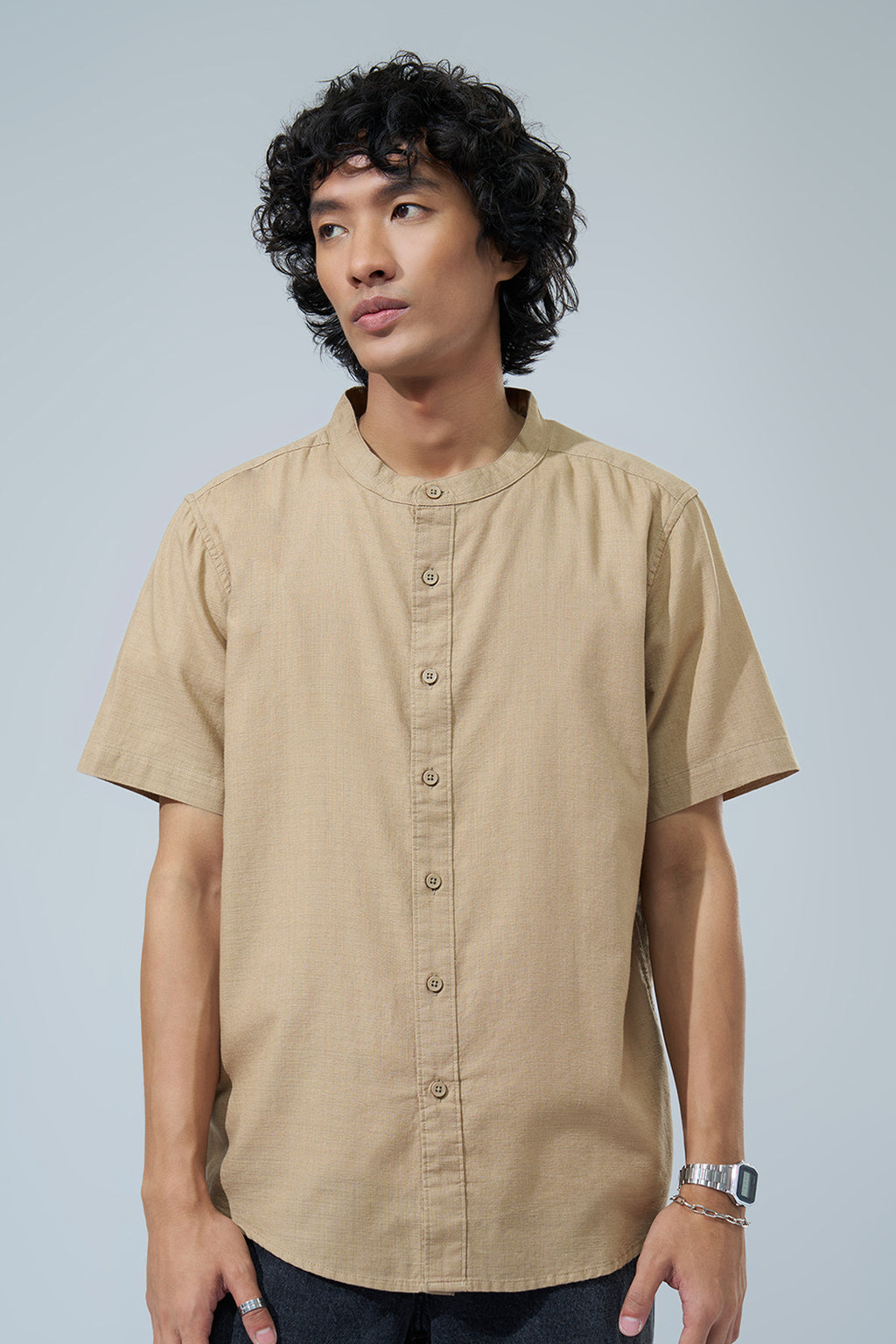 Beige Solid Regular Fit Shirt for Men - Image 3