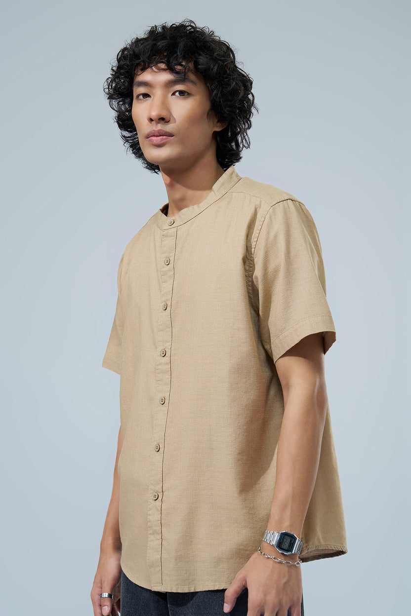 Beige Solid Regular Fit Shirt for Men - Image 4