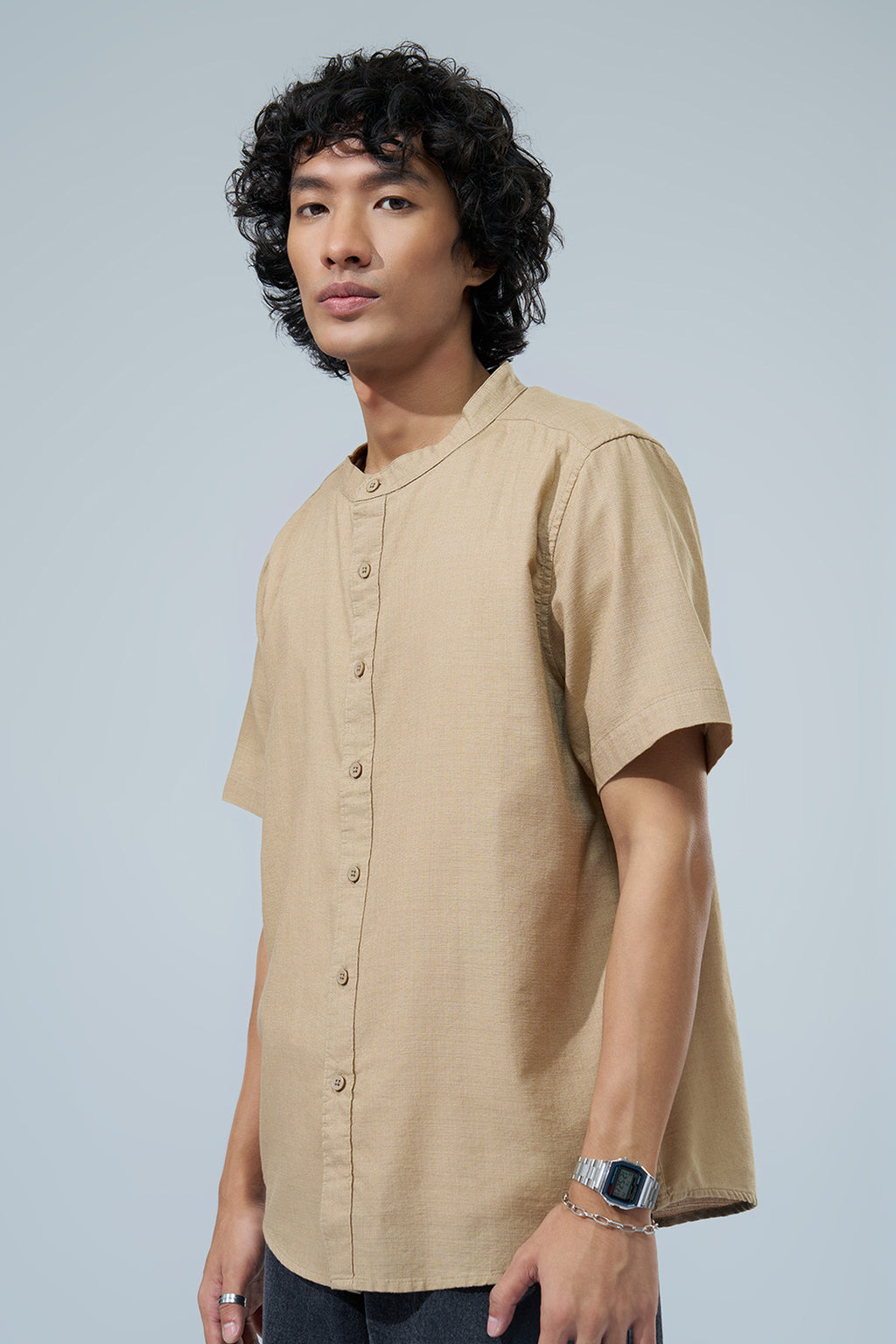 Beige Solid Regular Fit Shirt for Men - Image 4