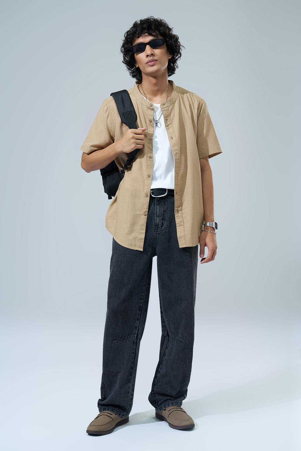 Beige Solid Regular Fit Shirt for Men - Image 6
