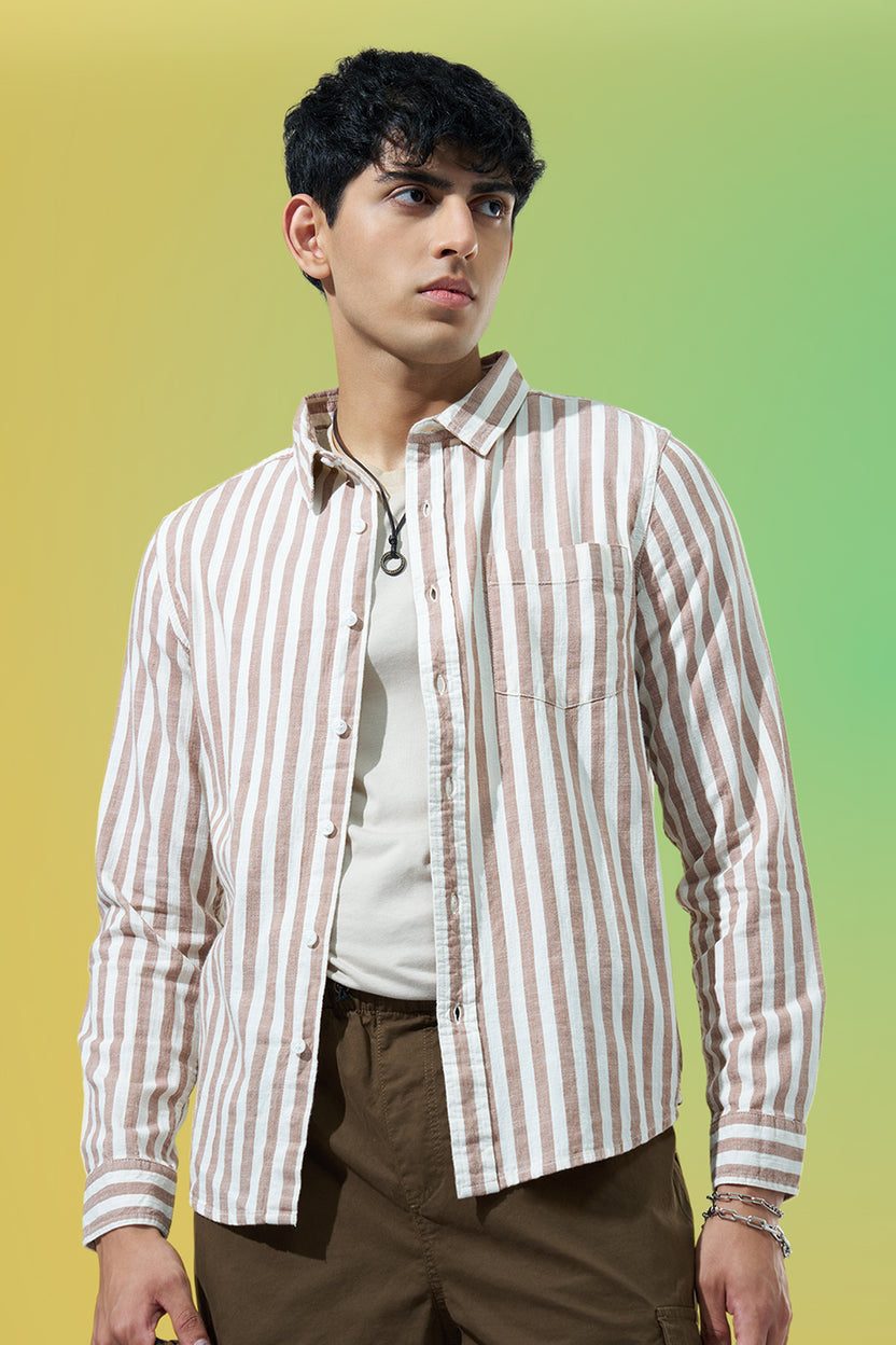 Beige Striped Regular Fit Casual Shirt for Men - Image 1