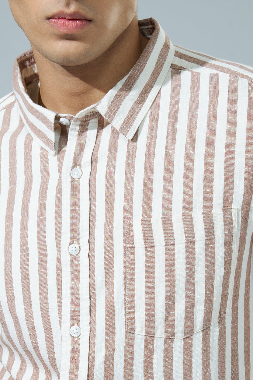Beige Striped Regular Fit Casual Shirt for Men - Image 3