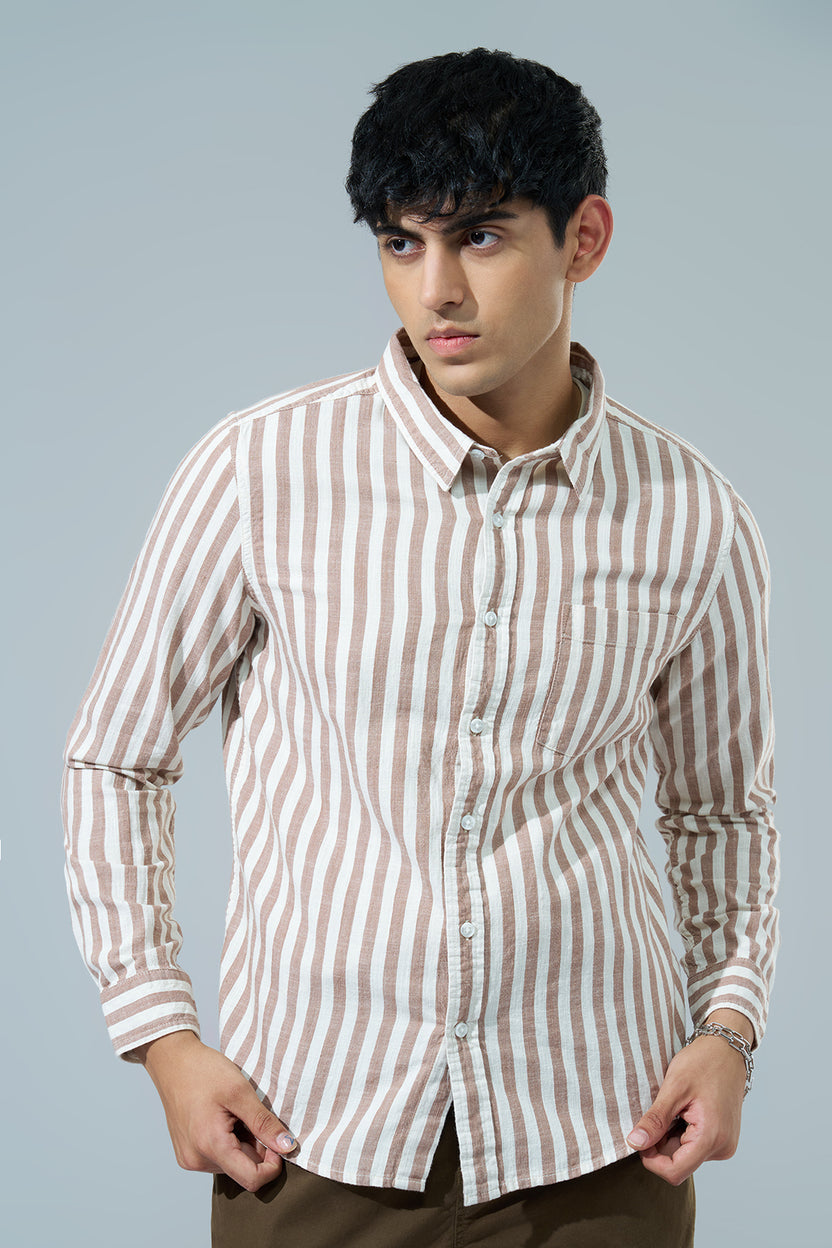 Beige Striped Regular Fit Casual Shirt for Men - Image 2