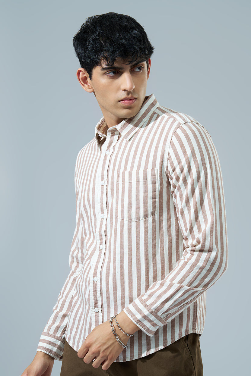 Beige Striped Regular Fit Casual Shirt for Men - Image 4