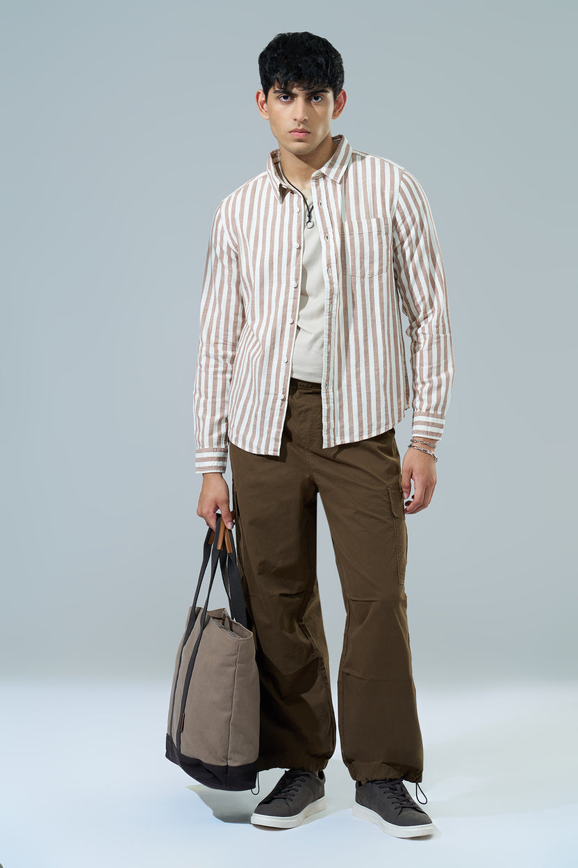 Beige Striped Regular Fit Casual Shirt for Men - Image 6