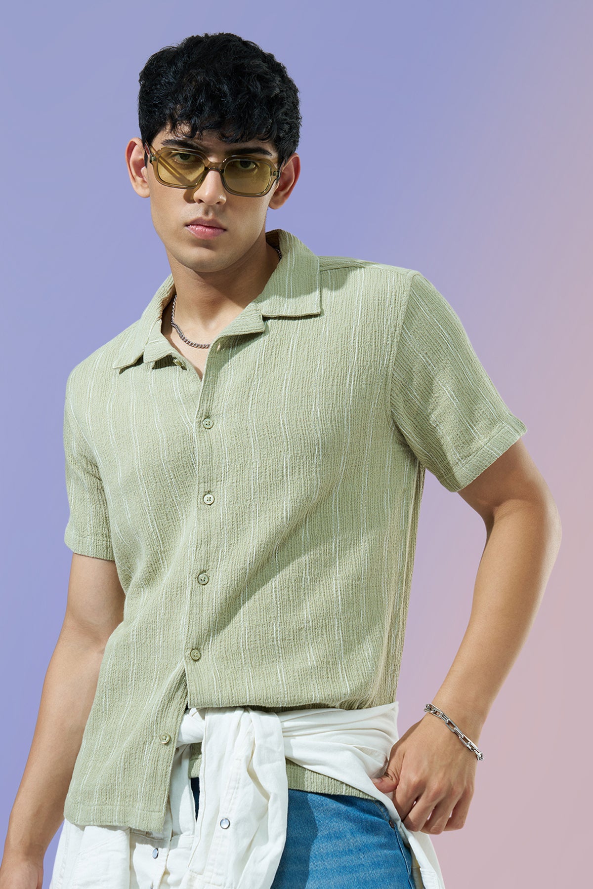 Green Striped Regular Fit Casual Shirt for Men - Image 1
