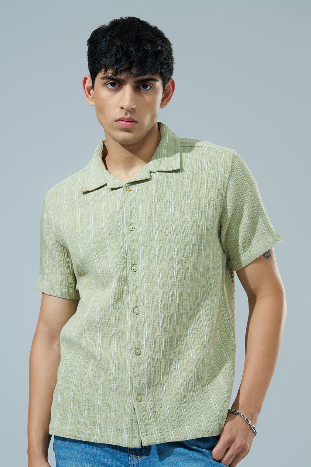 Green Striped Regular Fit Casual Shirt for Men - Image 2