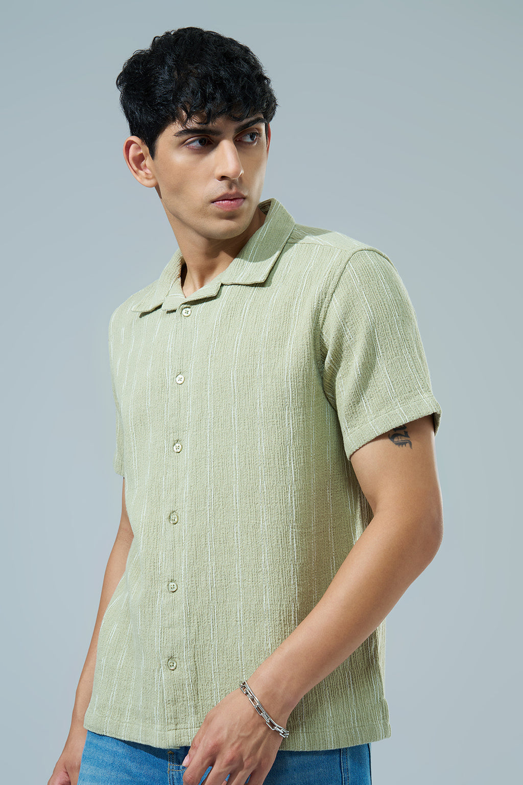 Green Striped Regular Fit Casual Shirt for Men - Image 4