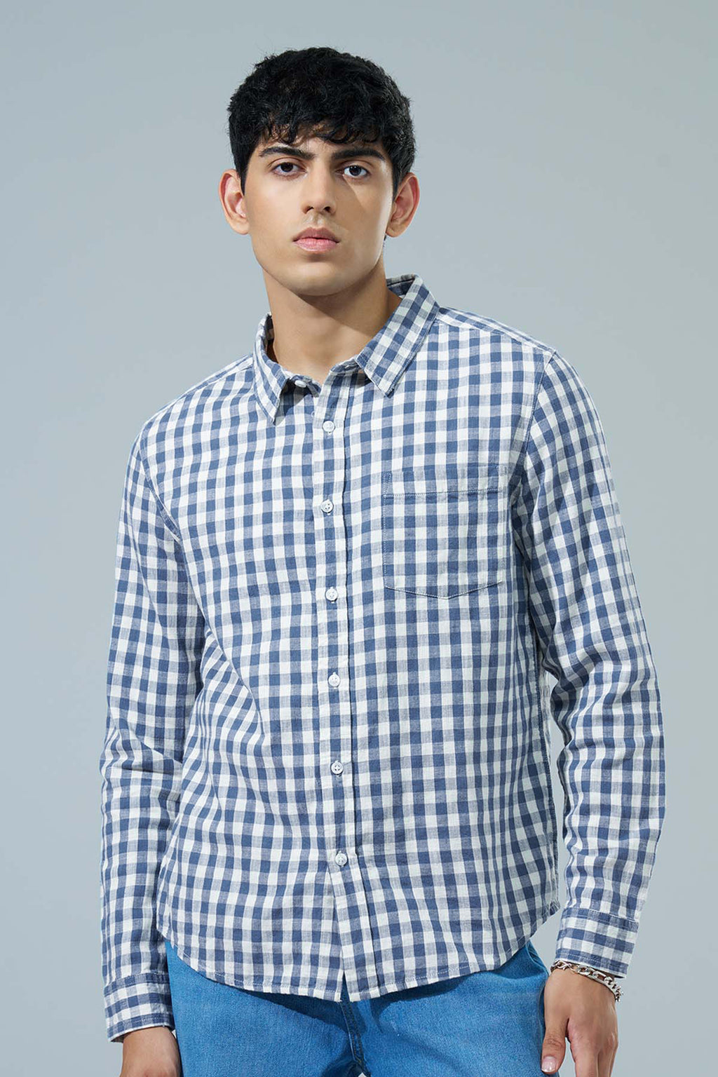 Blue Checked Regular Fit Casual Shirt for Men - Image 3