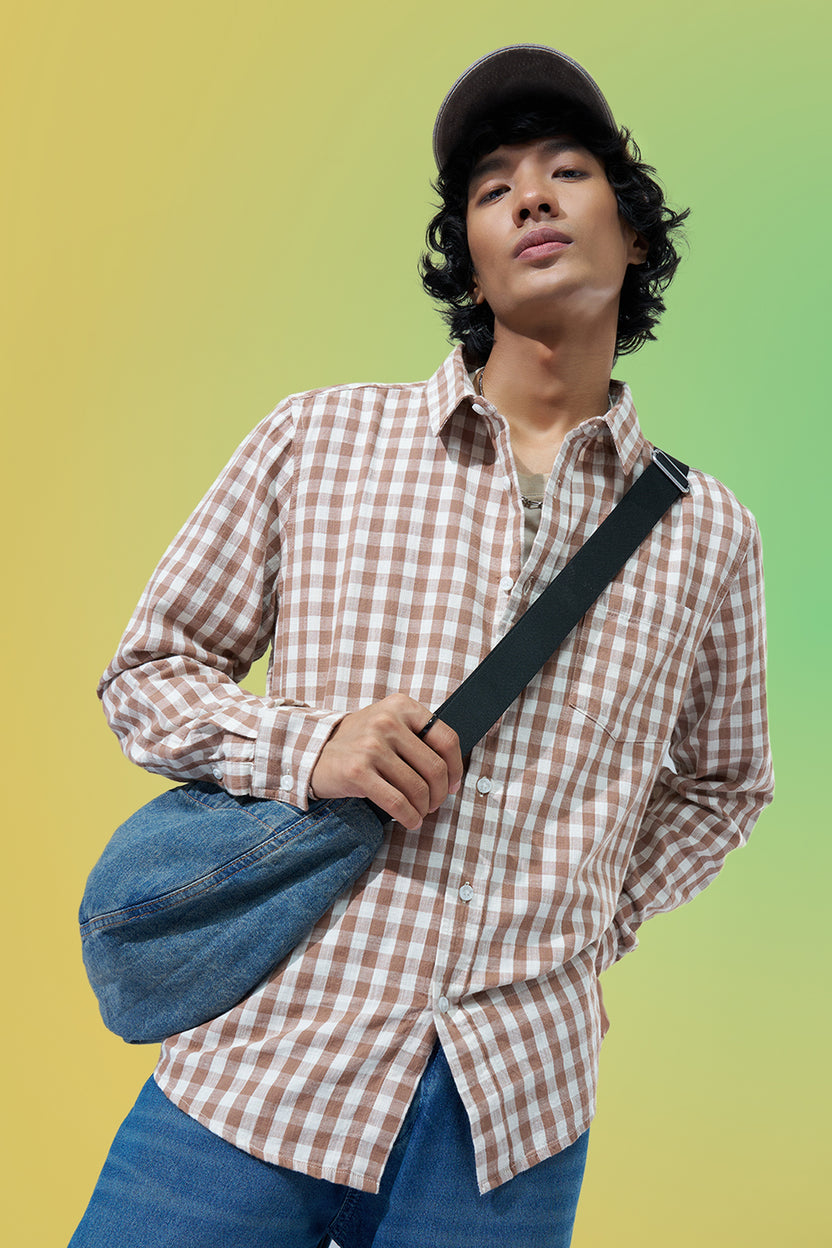 Beige Checks Regular Fit Shirt for Men - Image 1