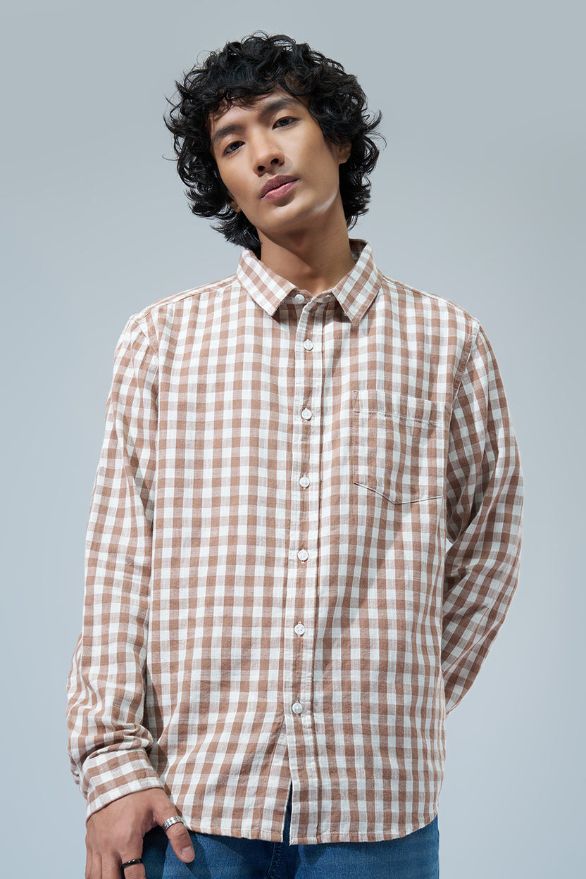 Beige Checks Regular Fit Shirt for Men - Image 3