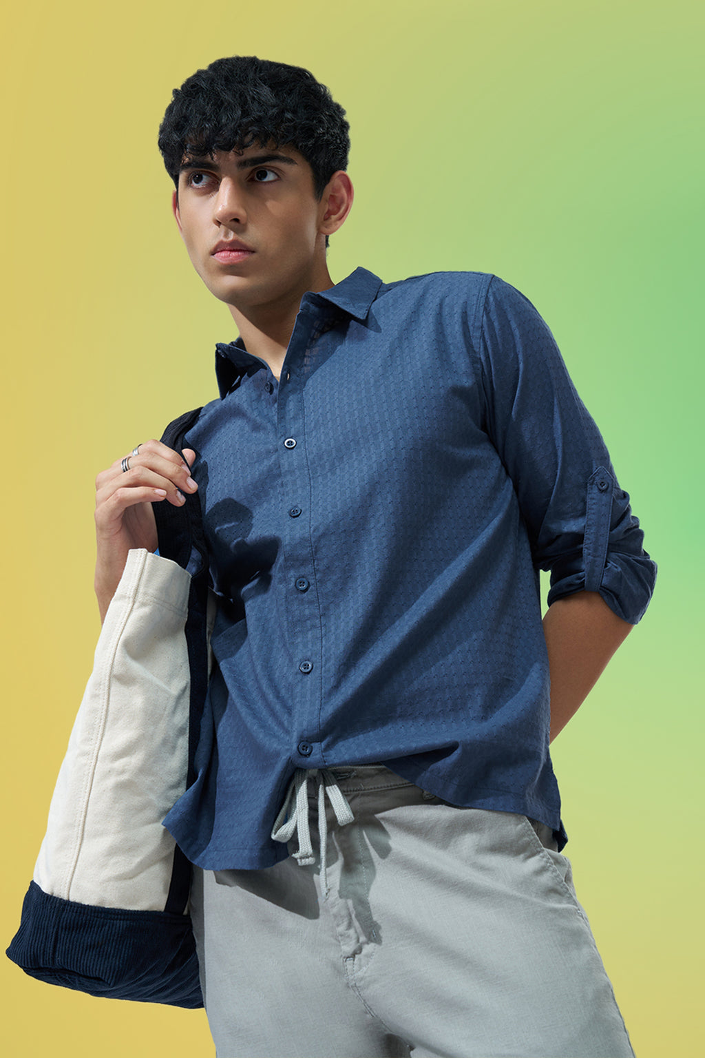 Navy Textured Regular Fit Shirt for Men - Image 1