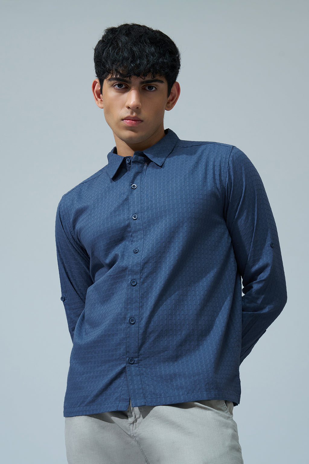 Navy Textured Regular Fit Shirt for Men - Image 2