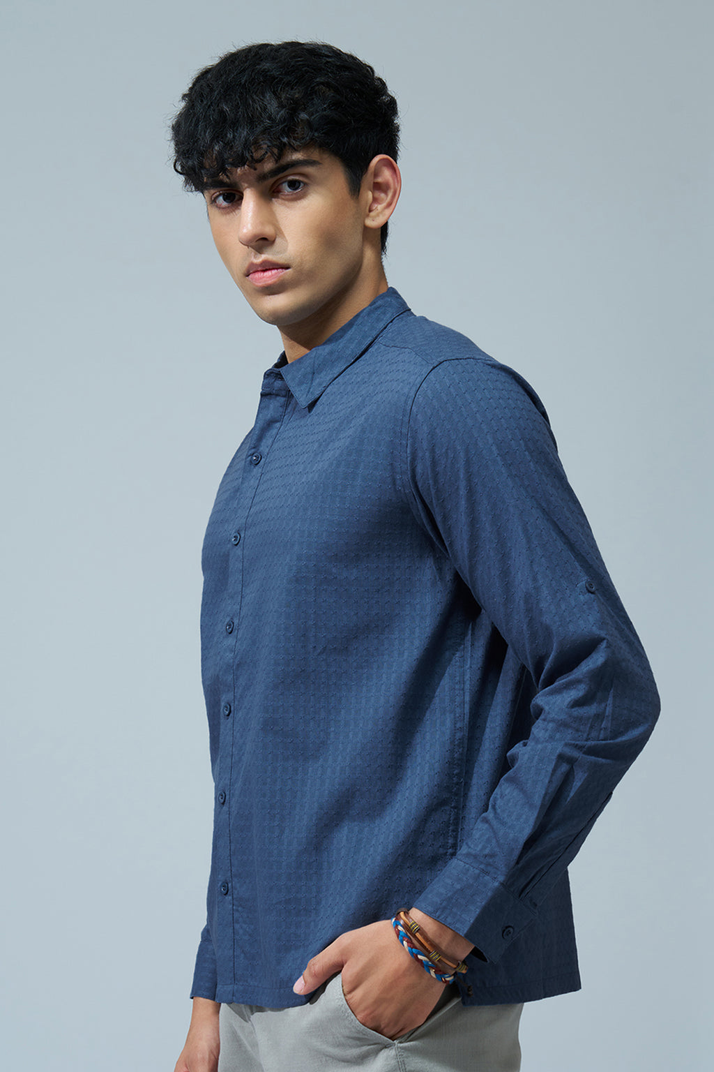 Navy Textured Regular Fit Shirt for Men - Image 4