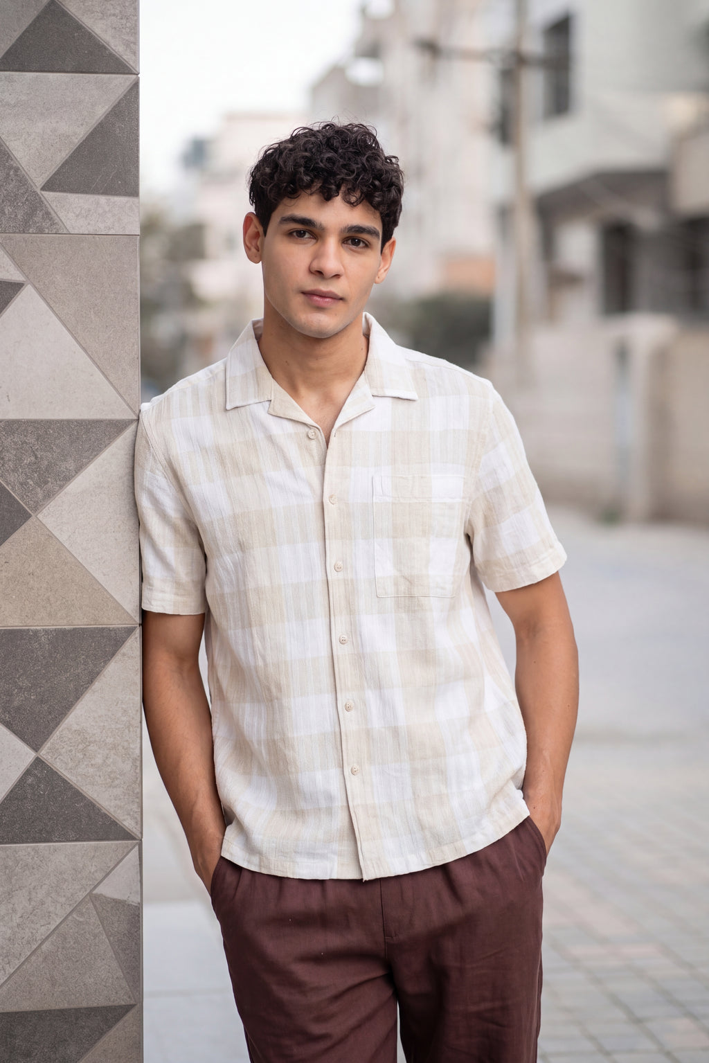 Beige Checkered Regular Fit Shirt for Men - Image 1