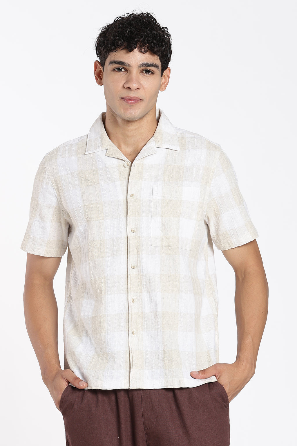 Beige Checkered Regular Fit Shirt for Men - Image 2