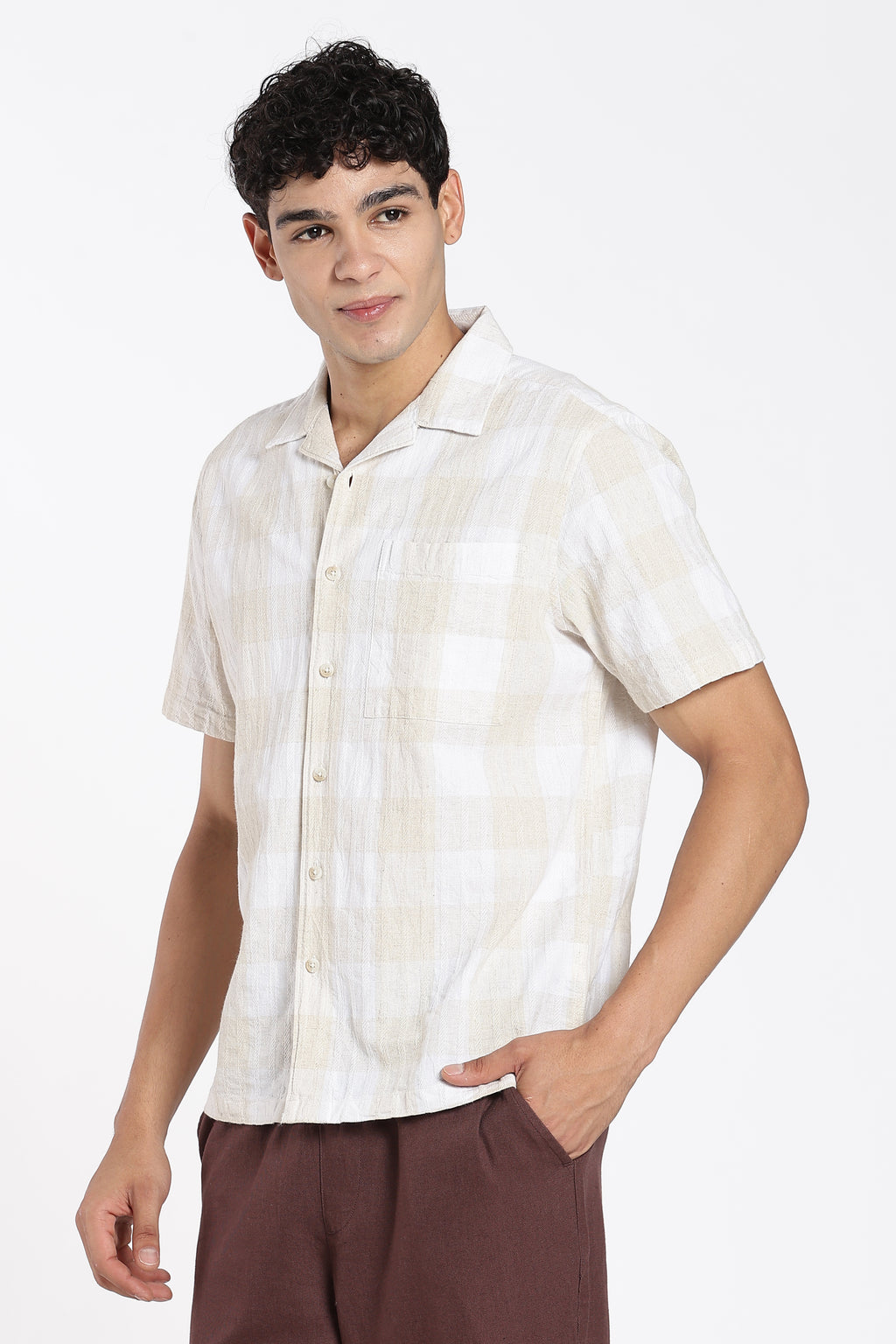 Beige Checkered Regular Fit Shirt for Men - Image 4