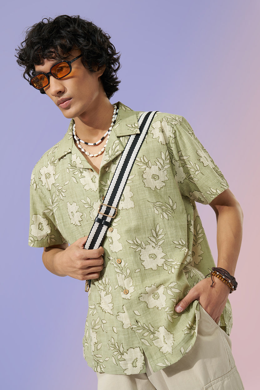 Sage Green Floral Print Shirt For Men - Image 1