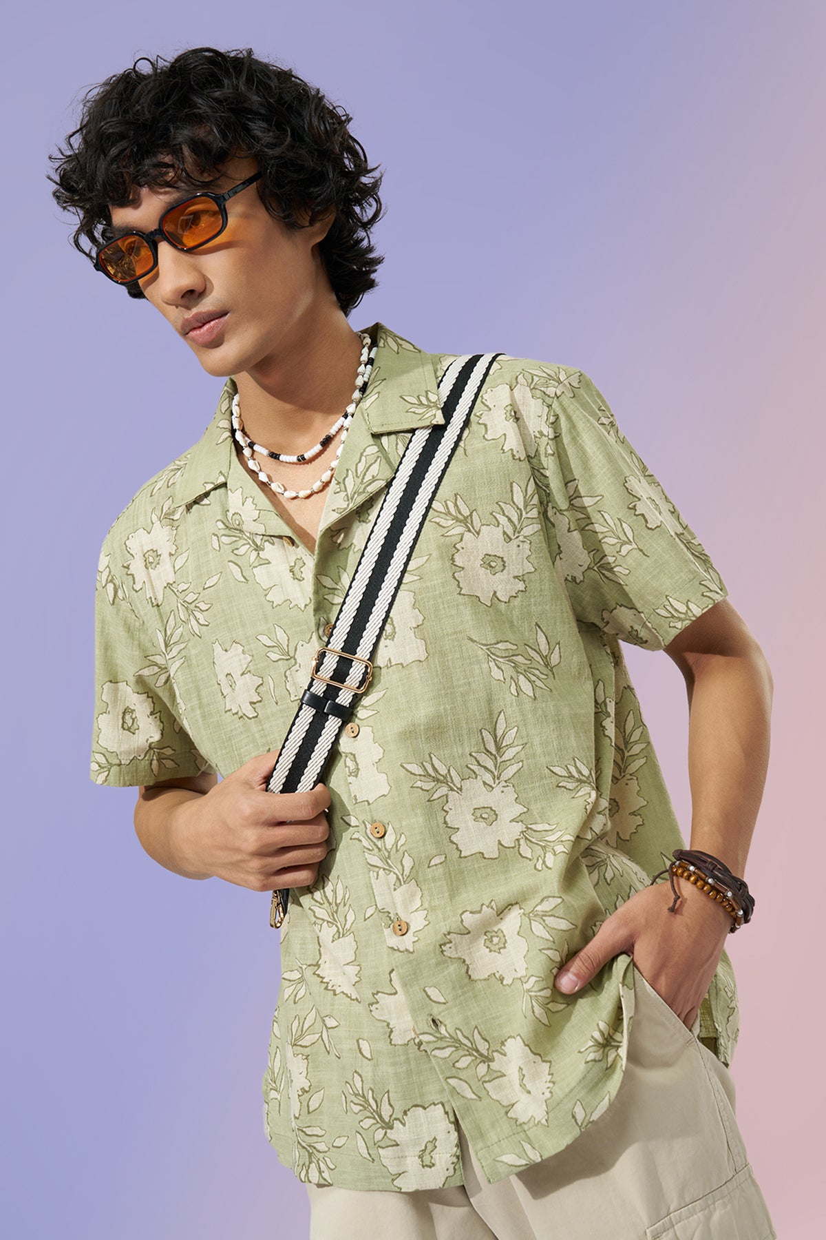 Sage Green Floral Print Shirt for Men - Image 1