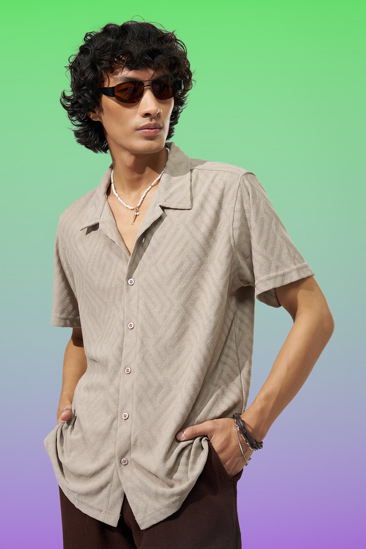 Beige Geometric Pattern Shirt for Men - Image 1