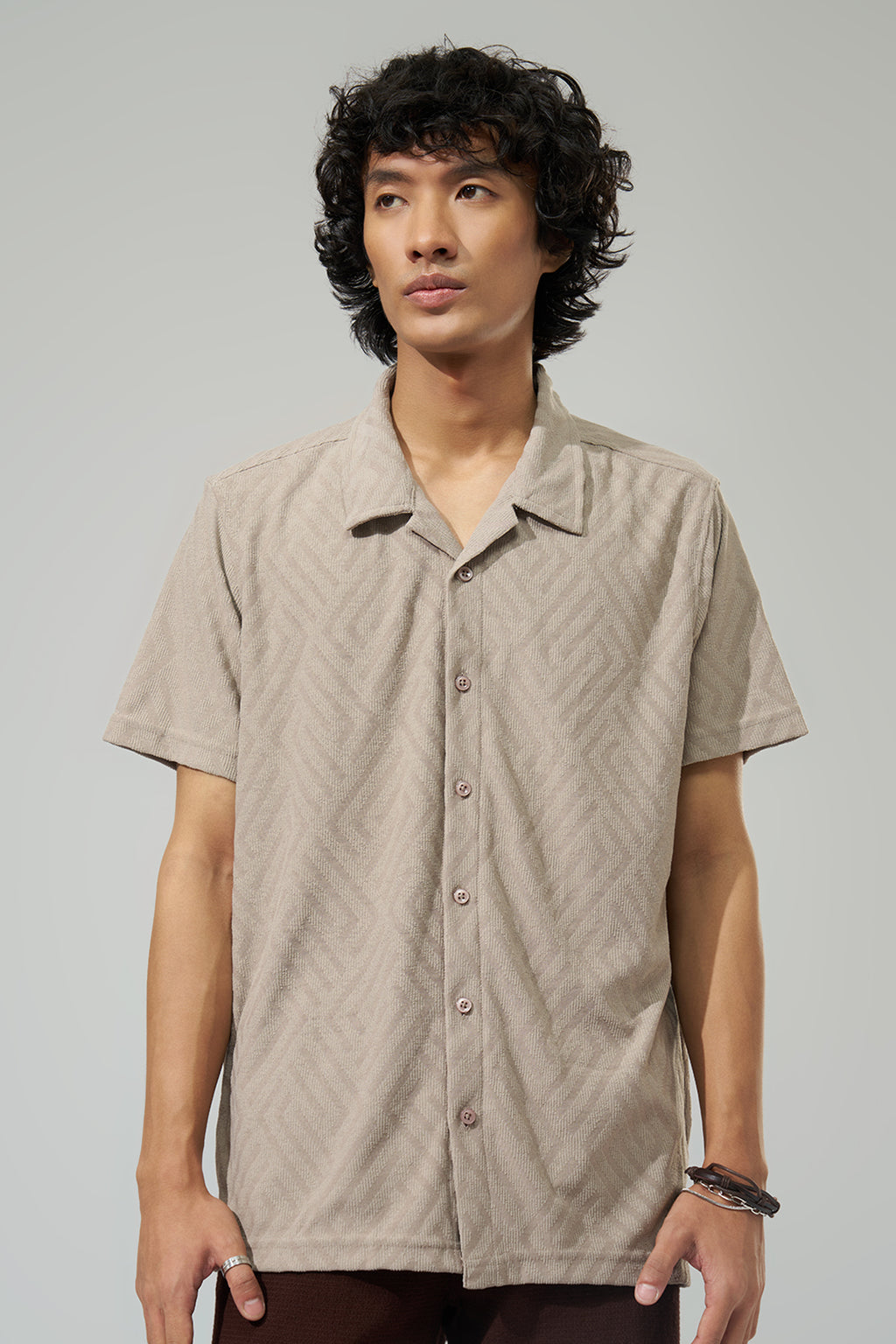 Beige Geometric Pattern Shirt for Men - Image 3