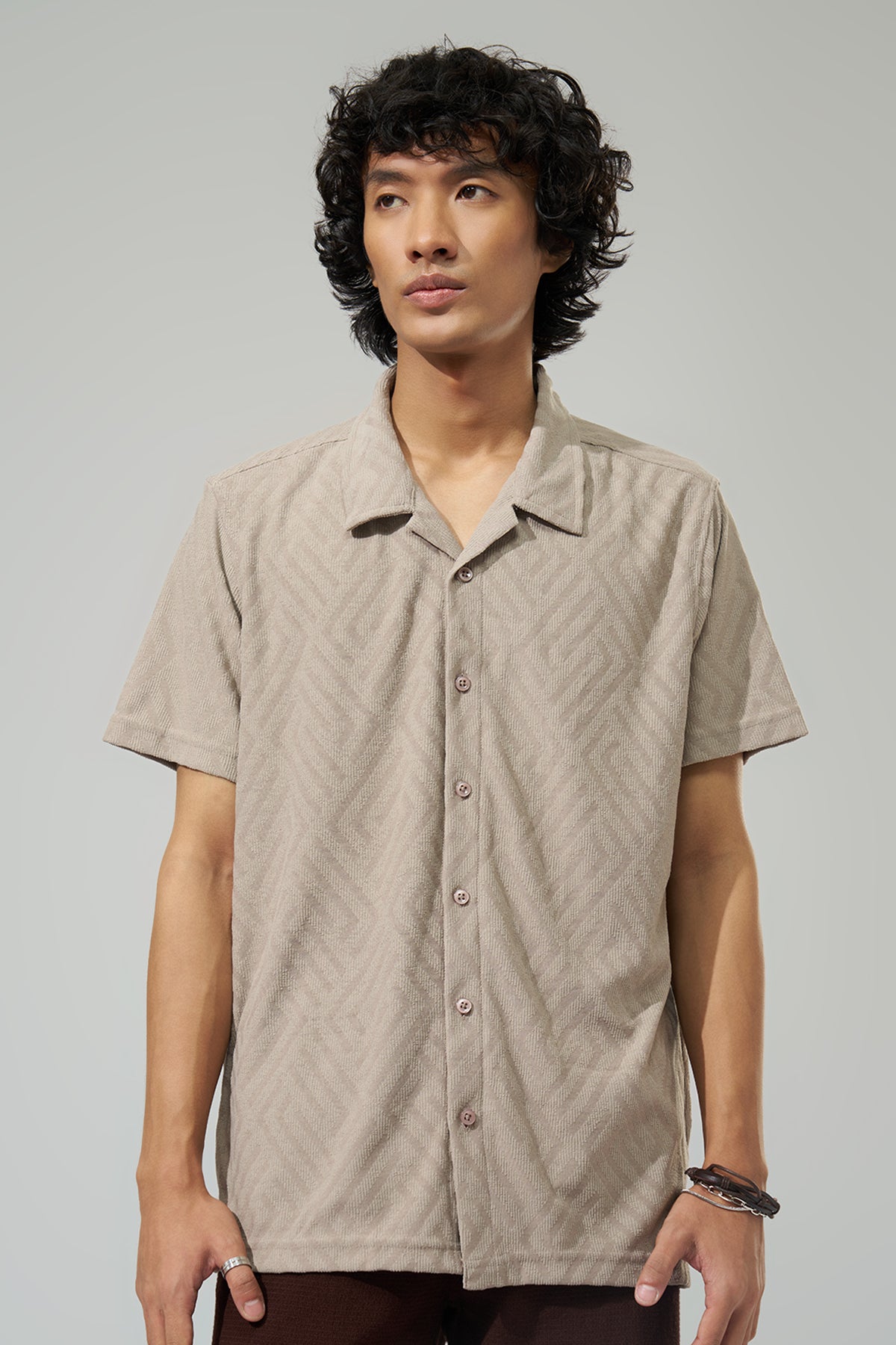 Beige Geometric Pattern Shirt for Men - Image 3