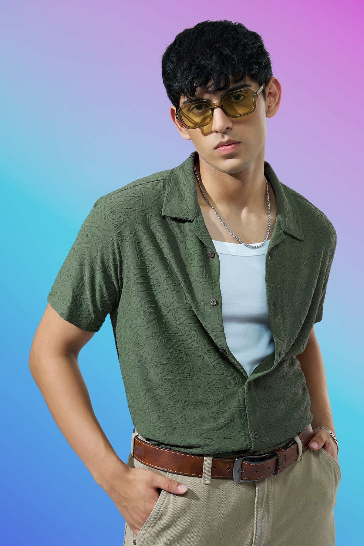 Olive Textured Regular Fit Casual Shirt for Men - Image 1